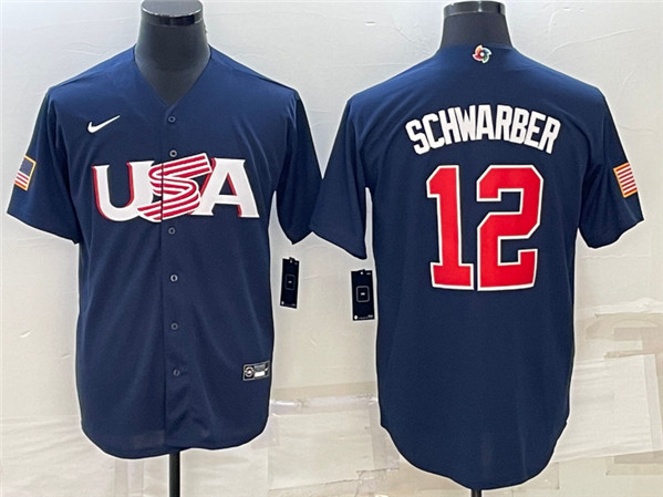 Men's USA Baseball #12 Kyle Schwarber 2023 Navy World Baseball Classic Stitched Jersey